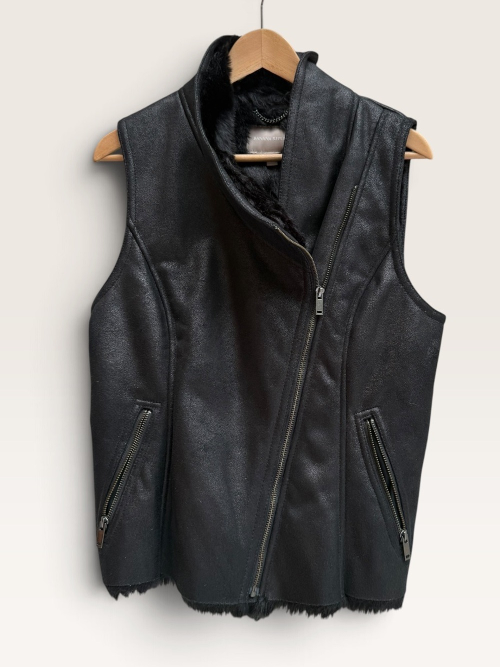 Banana Republic Black Faux Leather Shearling Moto Vest Women Medium NWOT